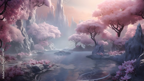 Beautiful fantasy landscape with lake and trees, 3d render illustration © Michelle