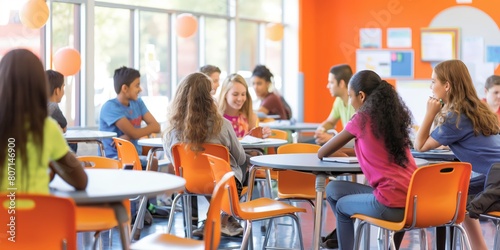 A diverse and attentive group of students engage in an interactive discussion in a modern, bright classroom setting