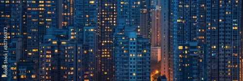 Twilight illuminates high-density residential towers creating patterns of habitations against the darkening sky photo