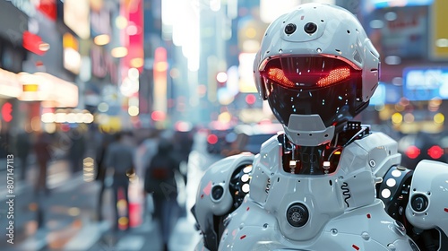 A robot is standing in the middle of a busy city street. The robot is white and has red eyes. The robot is surrounded by people and cars, and the scene is set in a city at night