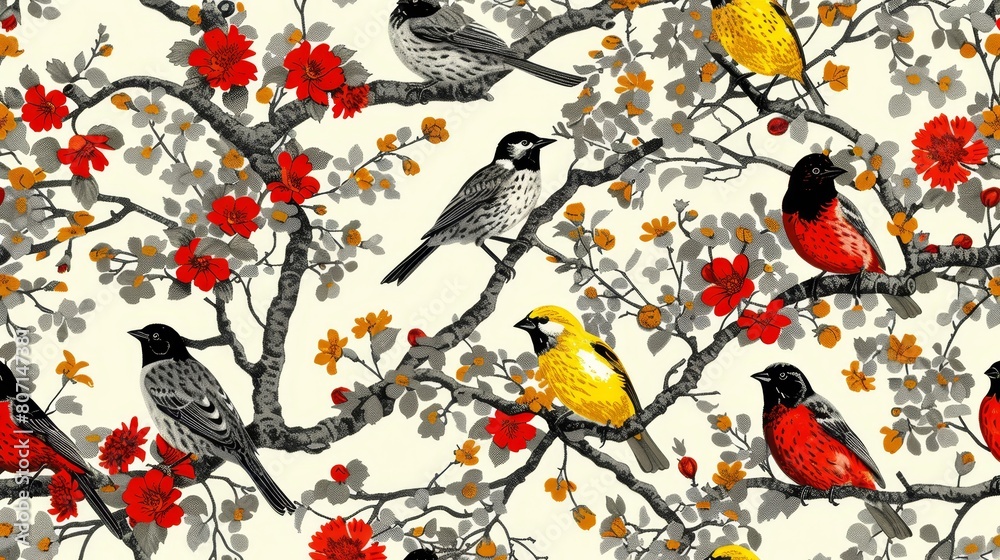   A group of birds perched on a tree against a backdrop of red and yellow flowers on a pristine white wallpaper