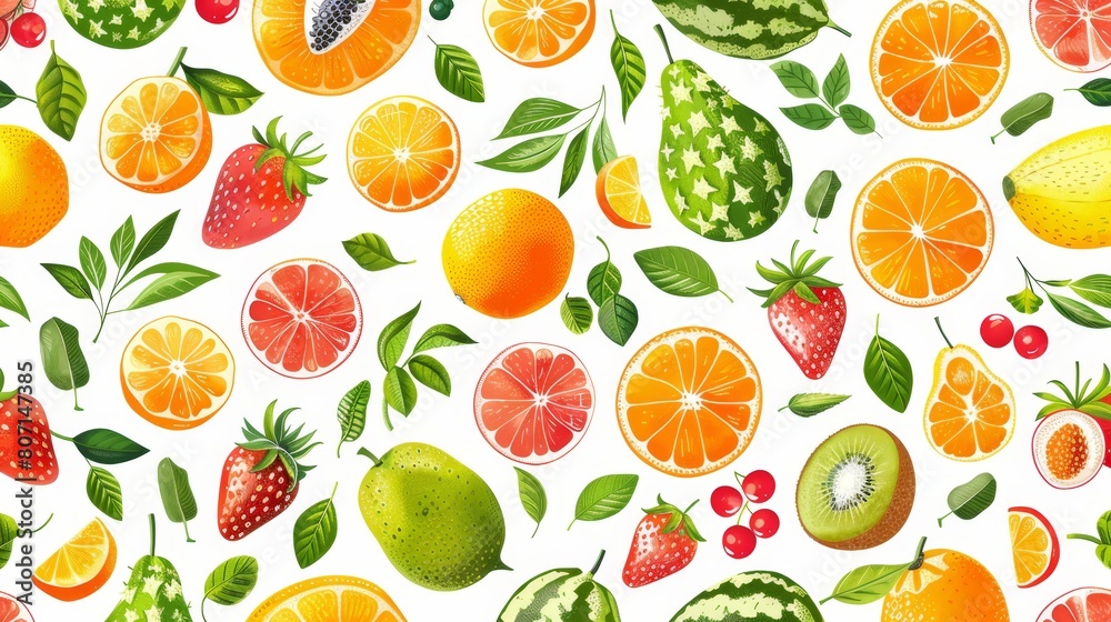 Watermelon, oranges, kiwis, strawberries, and limes on a white backdrop Watermelon, oranges, kiwis, strawberries, and limes on a white backdrop