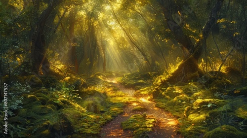 Forest path is illuminated by the sun  casting a warm glow on the trees
