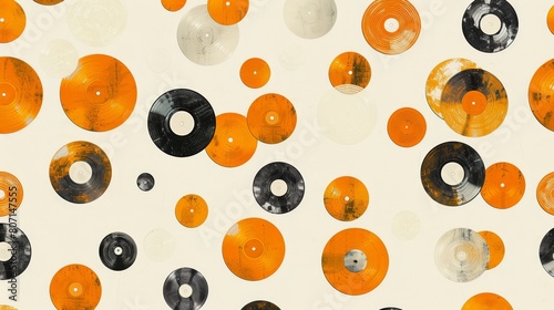   A collection of orange and black vinyl records arranged against a pristine white backdrop  encircled by an unadorned white circle in the image s center