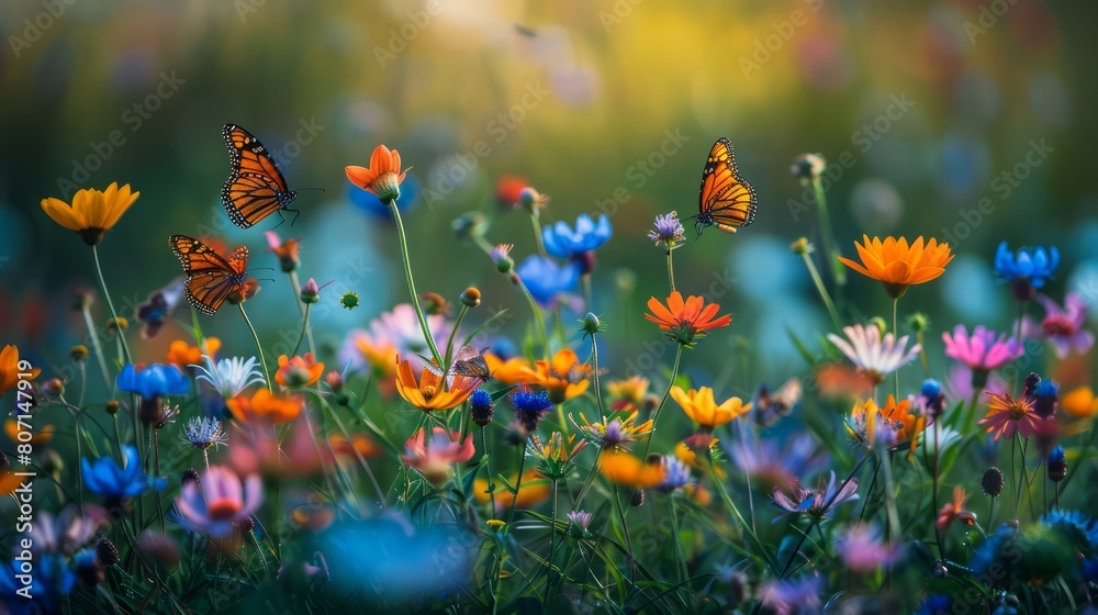 A field of flowers with two orange butterflies flying around. The butterflies are surrounded by a variety of colorful flowers, creating a vibrant and lively scene. Concept of joy and freedom
