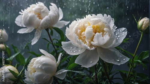 Fototapeta Naklejka Na Ścianę i Meble -  white peonies with raindrops