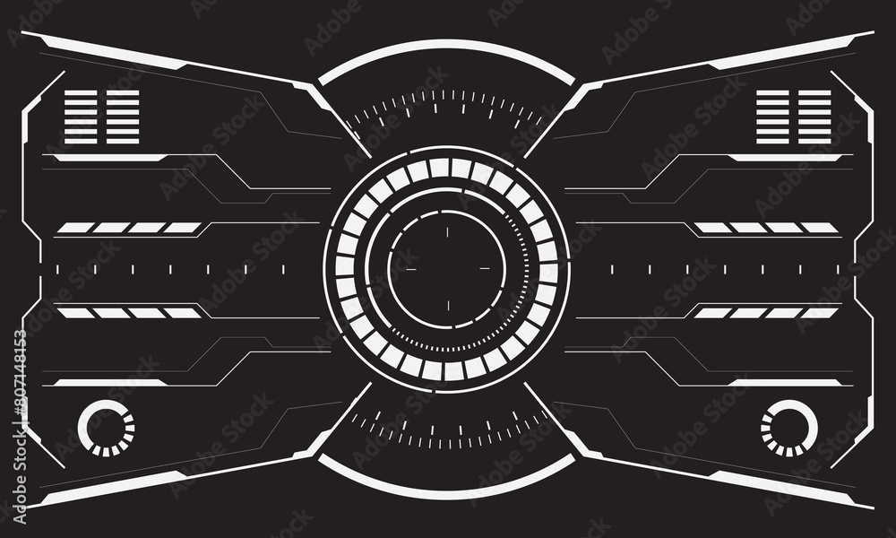 Obraz premium HUD sci-fi interface screen view white circular geometric design virtual futuristic technology creative display on black vector