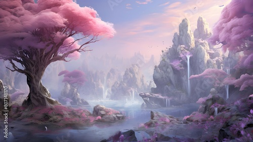 Fantasy Landscape with a waterfall and a tree in the foreground © Michelle