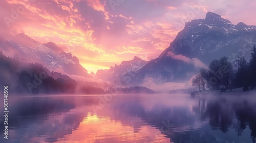 A beautiful mountain range with a pink and orange sky in the background. The sky is filled with clouds and the sun is setting. The mountains are covered in snow and the water is calm
