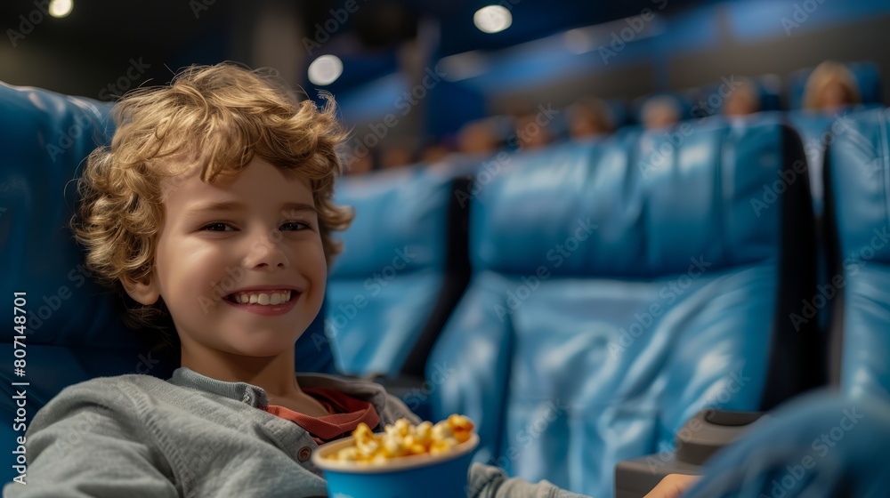   A little boy sits with a bowl of food in one hand and a cup of popcorn in the other