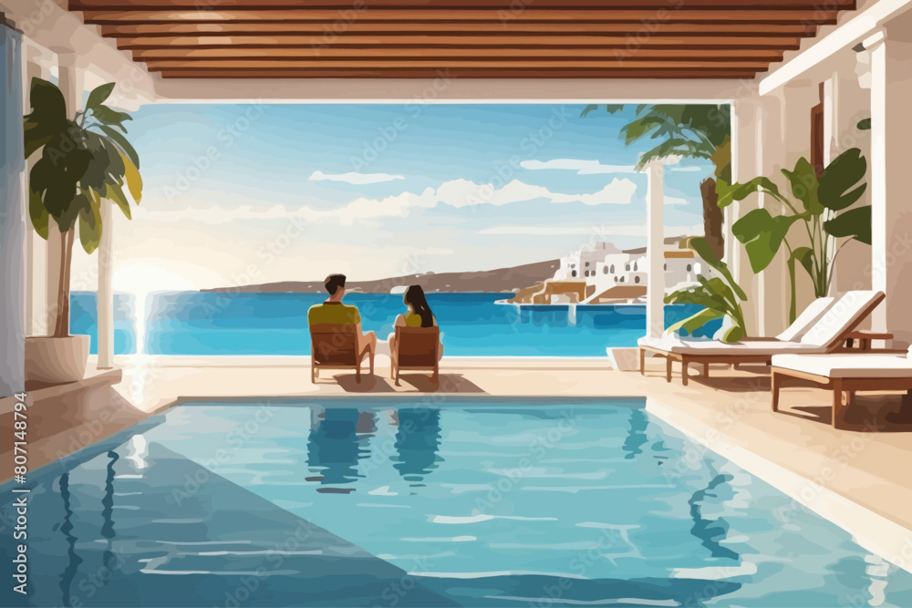 illustration couple enjoying the pool at a resort pool