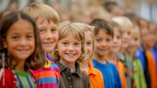  A group of young children poses together in front of a large crowd of their peers