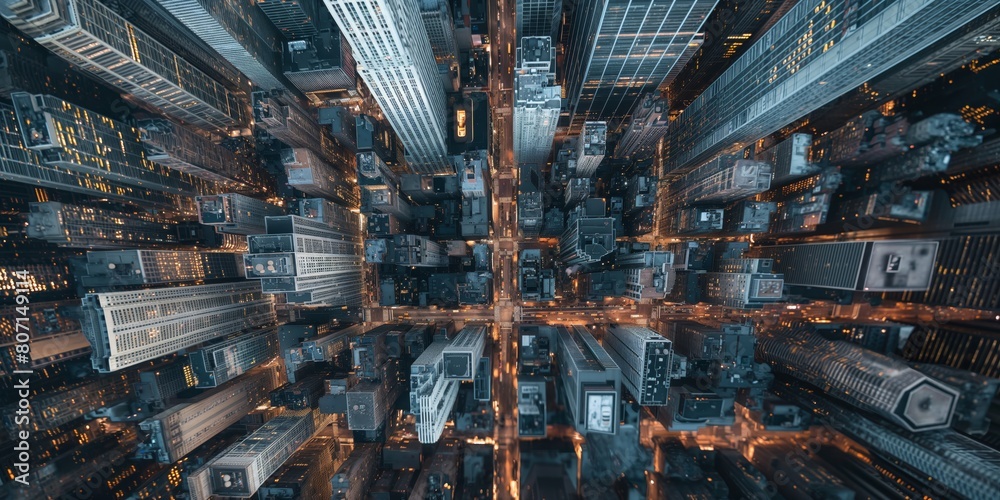 A mesmerizing perspective of a city's skyscraper-filled skyline at night, looking directly downwards A mesmerizing perspective of a city's skyscraper-filled skyline at night, looking directly downwards