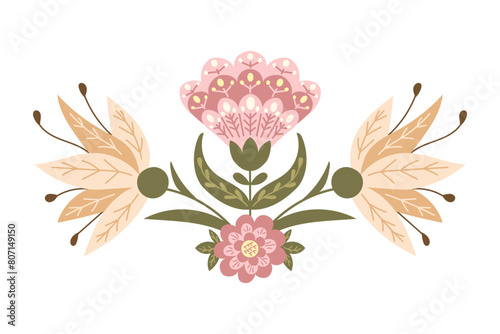 Abstract floral symmetrical composition in folk fantasy style. Vector flat hand drawn illustration in muted colors and boho style isolated on white background. Ideal for home decor or printout