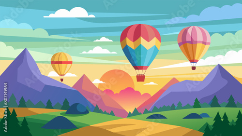 As the sun rises a sea of colorful hot air balloons takes flight competing in a highstakes race above the picturesque countryside.. Vector illustration