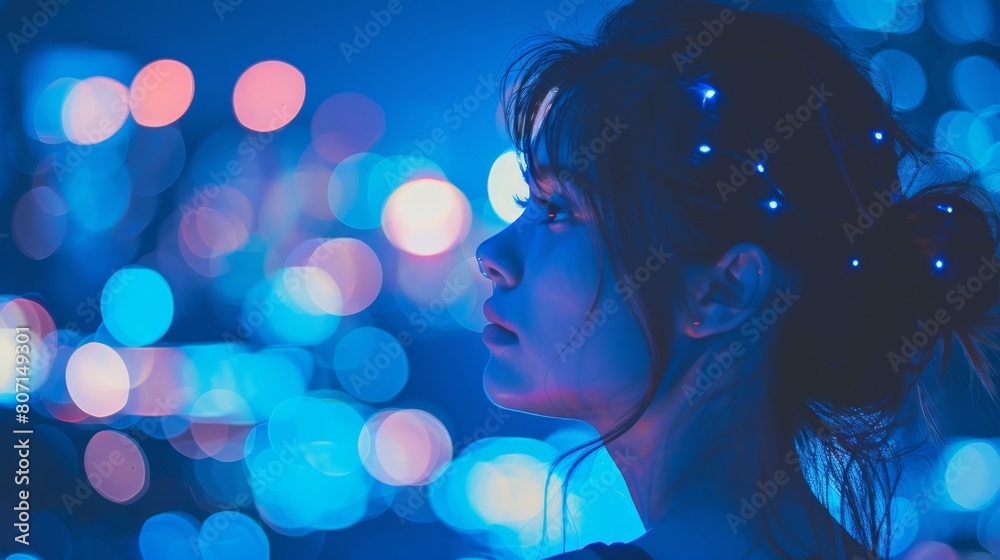 A tight shot of a face against a backdrop of softly blurred blue and pink lights A tight shot of a face against a backdrop of softly blurred blue and pink lights