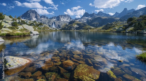 A beautiful lake surrounded by mountains with a waterfall in the background. The water is calm and clear, reflecting the mountains and the sky. The scene is peaceful and serene