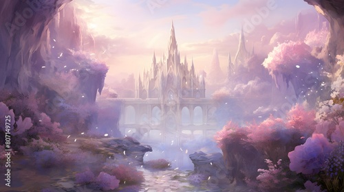 Fantasy landscape with temple and river at sunset. 3d illustration photo