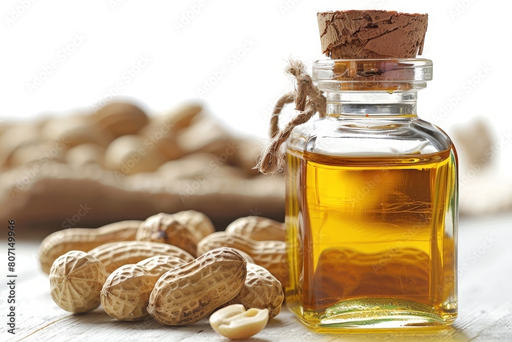 Peanuts and oil in bottle on white background Organic Peanuts and oil in bottle on white background Organic