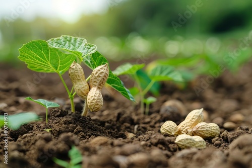 Peanut seedling growing in farm field Green leaf closeup Organic groundnut plant sprouting in nut farm photo