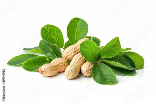 Peanuts and leaves isolated on white photo