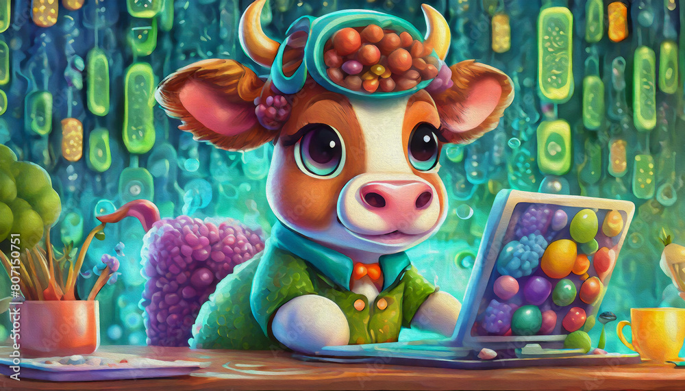 Obraz premium OIL PAINTING STYLE CARTOON CHARACTER cute cow Inventor Works on a Complex Machine,