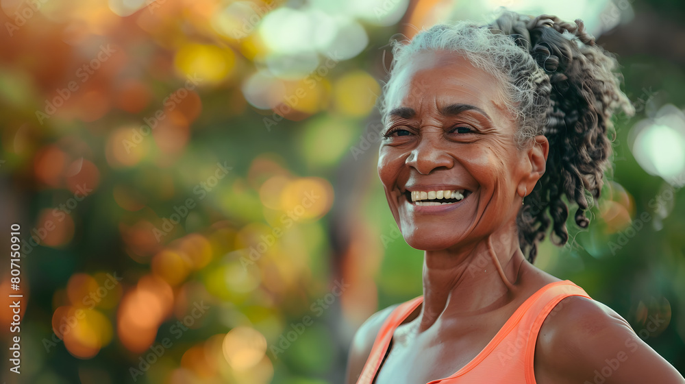 Professional Portrait of an active black African American mature woman smiling and doing fitness pilates outside in nature AI