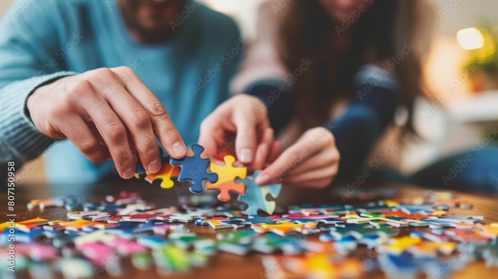 The two of them are assembling puzzle pieces. The two of them are assembling puzzle pieces.