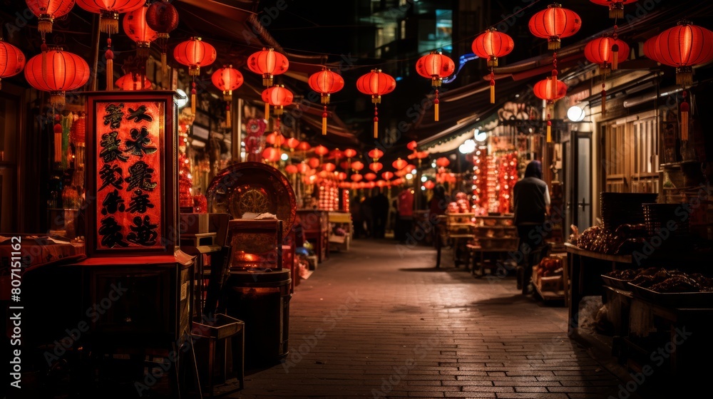 Chinese lanterns on the street at night in Shanghai, China.