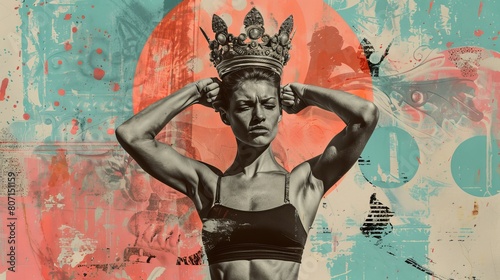 Art collage of a woman wearing a crown over her head and having biceps that are big.