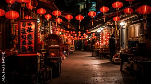 Chinese lanterns on the street at night in Shanghai, China. © NI