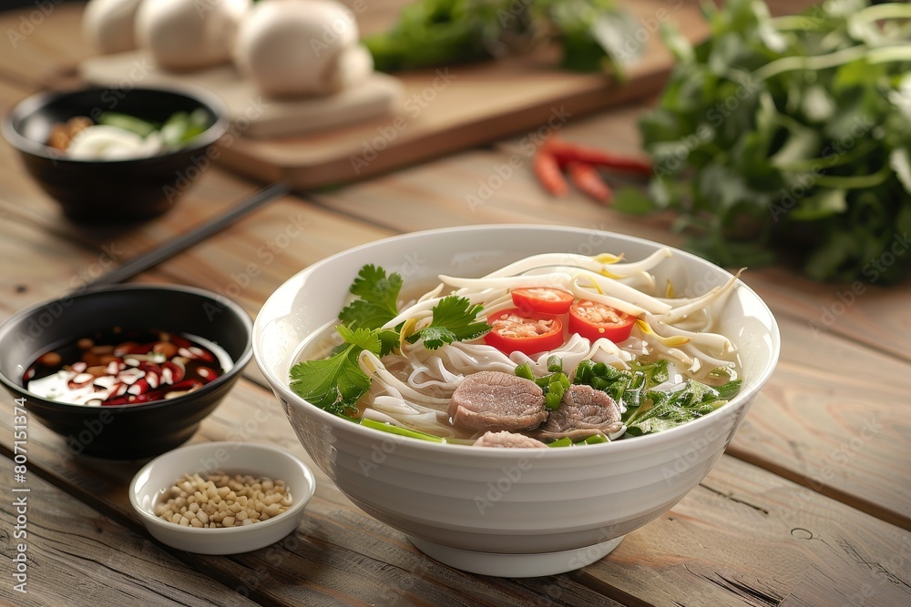 Pho on wooden table Pho on wooden table
