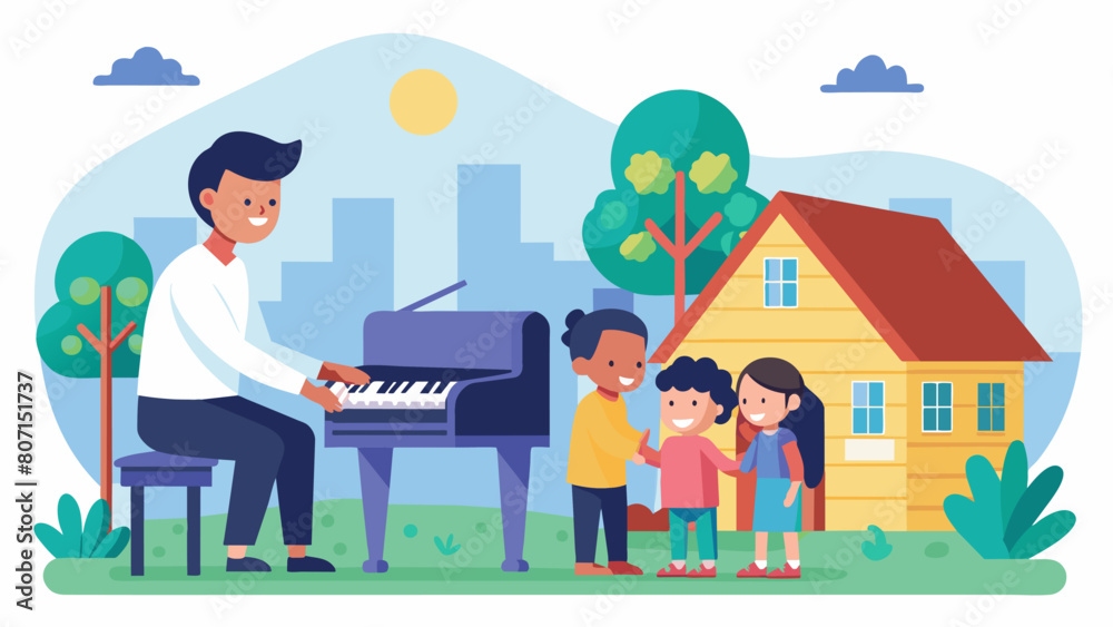 A student offering piano lessons to children in their neighborhood using the money earned to pay for their tuition.. Vector illustration