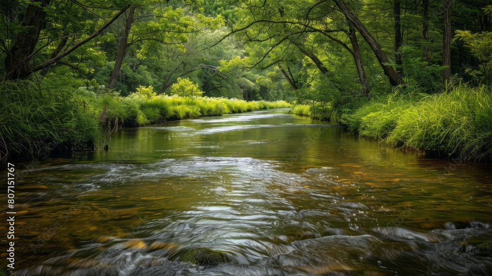 A river with a green forest on either side. The water is clear and calm. The scene is peaceful and serene A river with a green forest on either side. The water is clear and calm. The scene is peaceful and serene