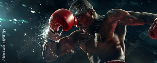 The image captures the dynamic action of a boxer in fight, focusing on the muscular form and the intensity of the punch © gunzexx png and bg