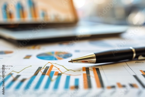 Financial charts and graphs on the table with laptop, stock market concept