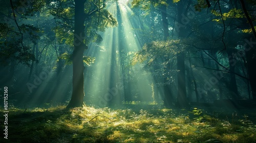A forest with sunlight shining through the trees. The light is bright and warm  creating a peaceful and serene atmosphere. The trees are tall and green  with leaves rustling in the breeze