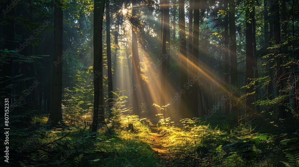 The sun shines through the tall trees in the forest. The forest is full of green plants and trees. The sunbeams make the forest look magical.