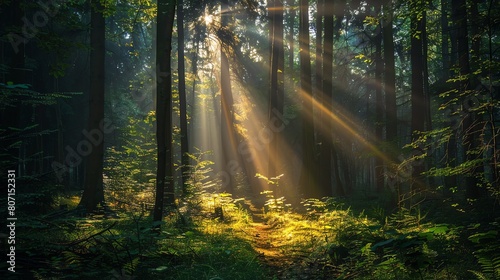 The sun shines through the tall trees in the forest. The forest is full of green plants and trees. The sunbeams make the forest look magical.