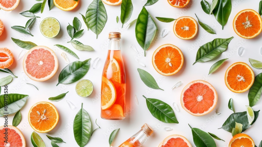 Fresh citrus fruit juices and smoothies on top view food background for healthy nutrition concept Fresh citrus fruit juices and smoothies on top view food background for healthy nutrition concept