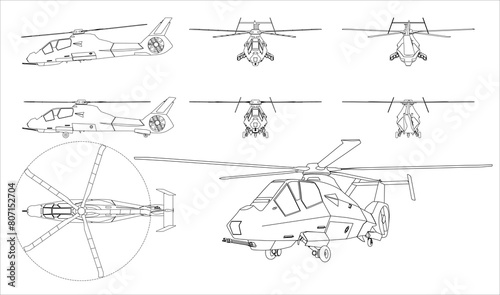 American project of a multi-purpose reconnaissance and attack helicopter. Blueprint with projections and isometry  on a transparent background. Scale model.	 photo