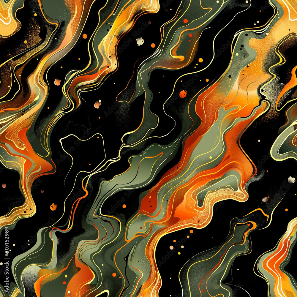 Abstract fluid art with black and orange swirls