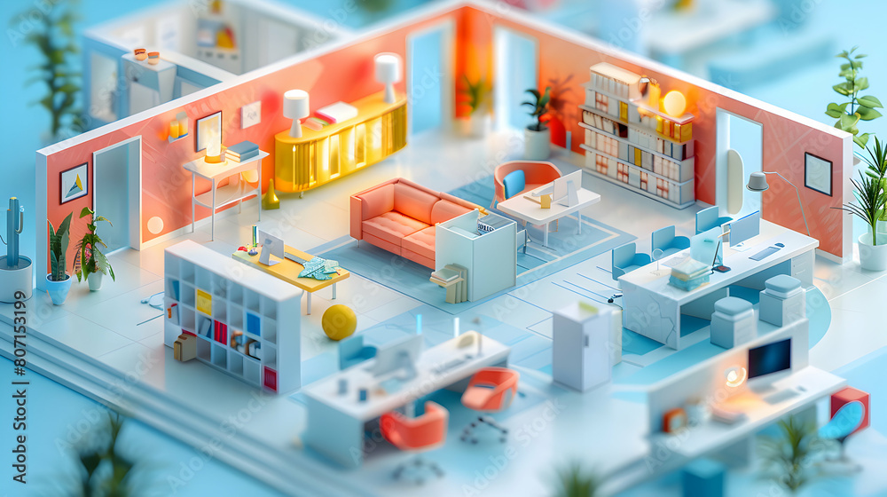 Vibrant Watercolor 3D Flat Icons: An Open Office Space Odyssey in Isometric Scene Vibrant Watercolor 3D Flat Icons: An Open Office Space Odyssey in Isometric Scene