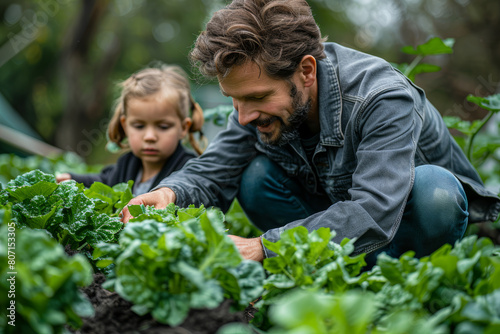 Family planting vegetables in their garden using upcycled materials for planters, adopting a zero waste life.. AI generated.