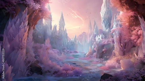 Fantasy landscape with frozen lake and fog. 3D illustration.