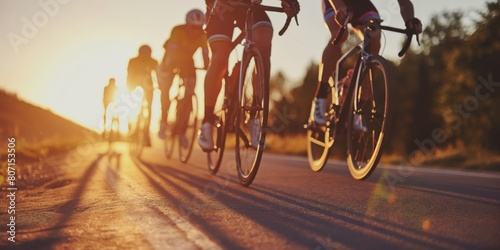 Energetic cyclists catching sunlight as they race down a scenic road during golden hour, showcasing the beauty and intensity of the sport © gunzexx png and bg