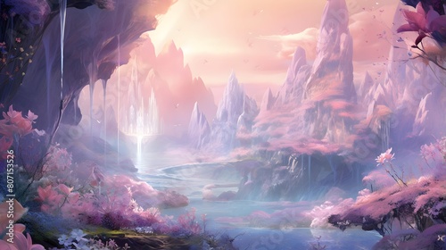 3d illustration of a fantasy landscape with a lake, a waterfall and pink clouds