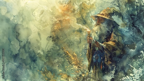 Gnome shaman performing a ritual for a successful hunt, captured in watercolor with mystical colors and ethereal smoke effects