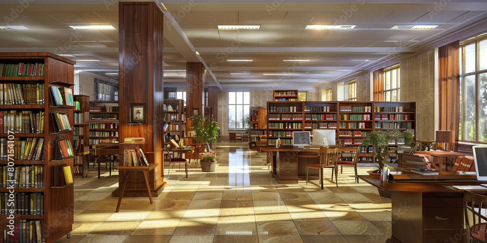 Library Floor: Displaying bookshelves, study tables, reading nooks, and computer stations for research