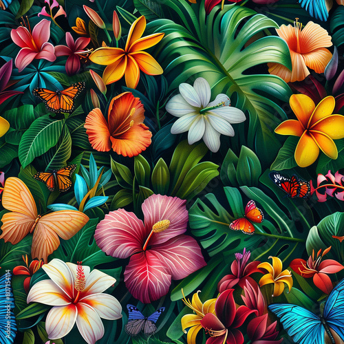 Tropical flowers with butterflies pattern